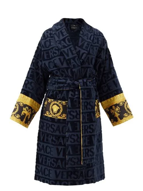 Versace - I Love Baroque Logo-jacquard Cotton Bathrobe - Mens - Navy