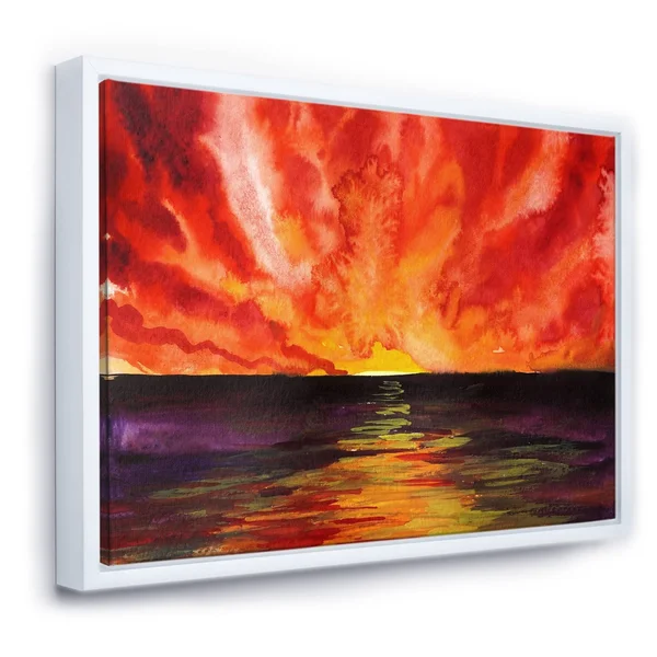 Designart 'Bright Red Sunset Over Ocean' Modern Framed Canvas Wall Art Print - 20 in. Wide x 12 in. High - White