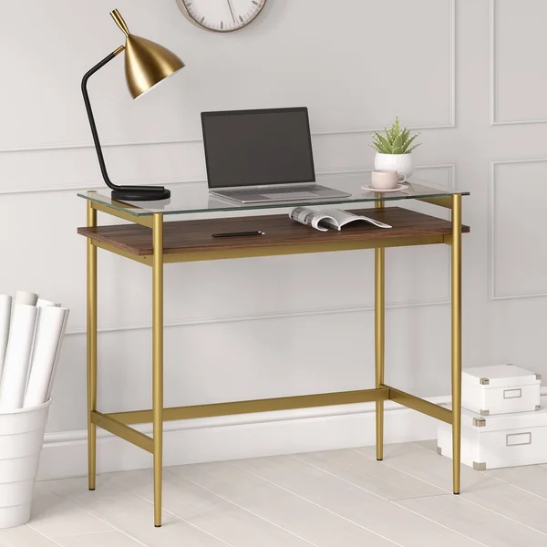 Hennu0026Hart 36x22 Brass Desk with Walnut Shelf