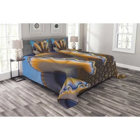 Nautical Bedspread Set - Fantastic Shells in The Sea Ocean Sci Fi Style Featured Artistic Graphic, Decorative Quilted Coverlet Se