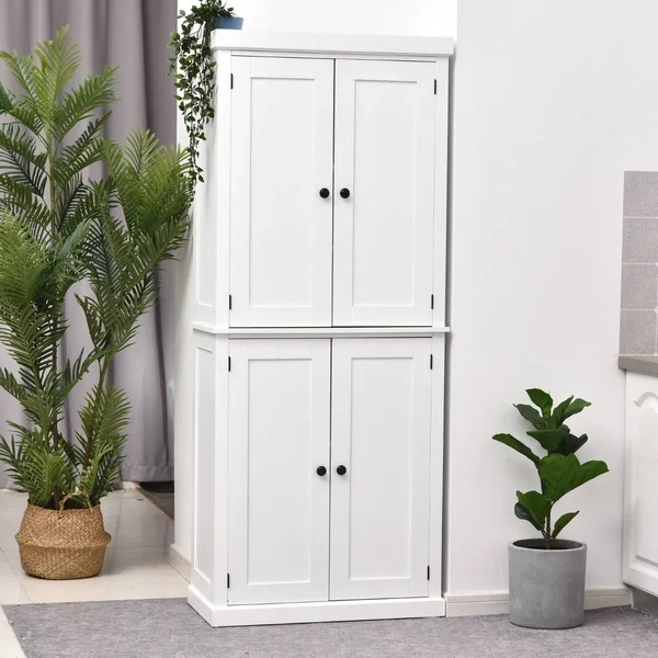 HOMCOM Freestanding Kitchen Pantry Traditional Farmhouse Stand Alone Kitchen Pantry Cupboard Sliding Doors Two Drawers Open Adju