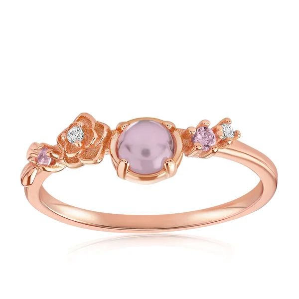 Women's Dainty Pearlescent Vintage Ring w/ Cubic Zirconia & Floral Embellished Band, 10, 18K Rose Gold Vermeil