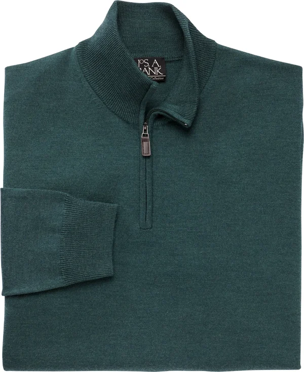 JoS. A. Bank Men's Traveler Collection Merino Wool Quarter Zip Mock-Neck Sweater - Green, 2 x Big