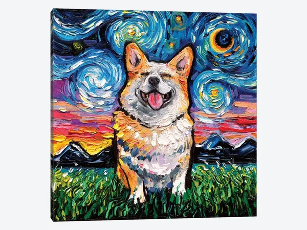 Aja Trier Canvas Art Prints - Smiling Corgi Night ( Animal Art > Dogs > Corgis art)