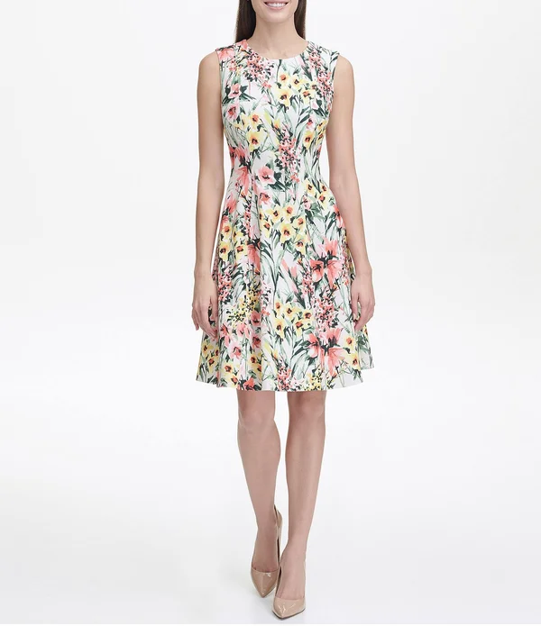 Tommy Hilfiger Women's Fit and Flare Dress, Parchment Multi, 16