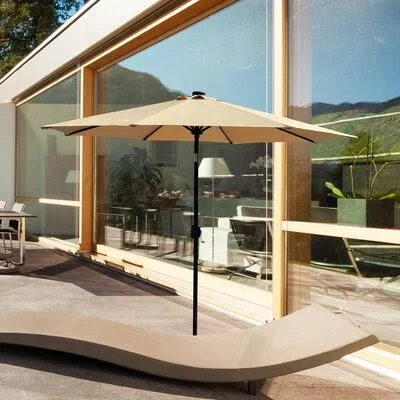 9ft Patio Umbrella Outdoor Solar Powered Aluminum Polyester 32 LED Lighted Umbrella with Tilt and Crank for Garden, Deck, Backya