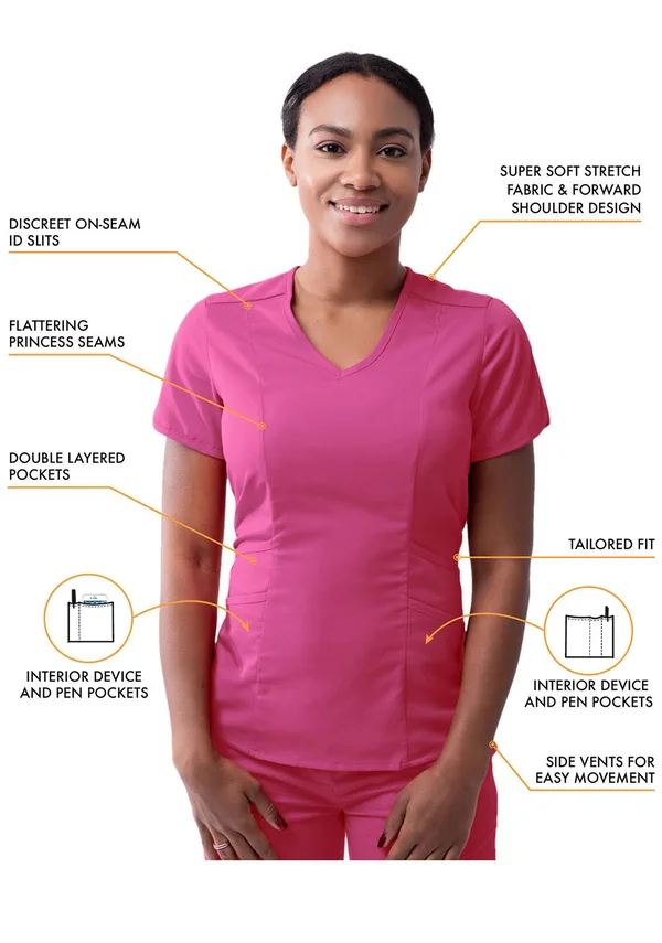 Adar Pro Core Classic Scrub Set for Women - Tailored V-Neck Scrub Top & Tailored Yoga Scrub Pants - P9100 - Fruit Punch - M