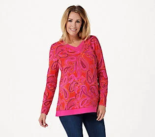 Isaac Mizrahi Live! Paisley Printed LayeredKnit Top, Size Large, Raspberry Multi