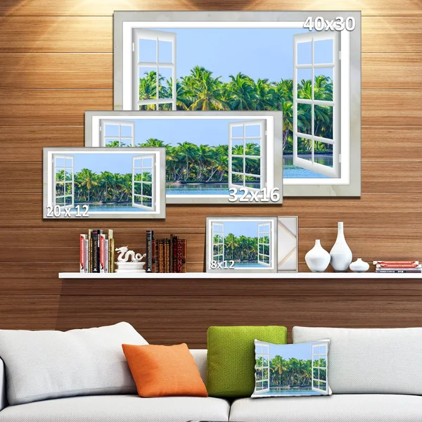 Design Art Open Window to Seashore Palms Graphic Art on Wrapped Canvas, Blue