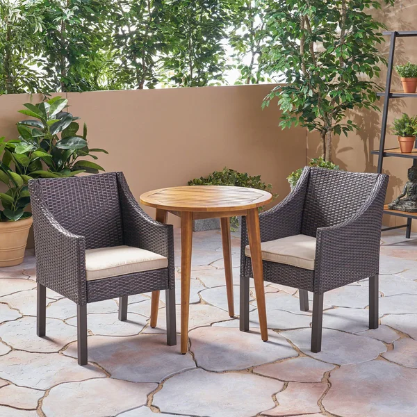 Jean Outdoor 3 Piece Wood and Wicker Bistro Set - Gray + Gray