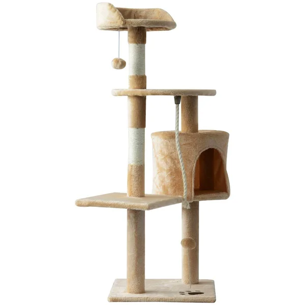PawHut 45x22 Plush Sturdy Interactive Cat Condo Tower Scratching Post Activity Tree House - Beige, White