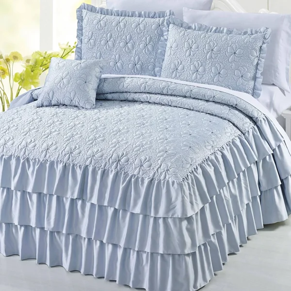 Serenta 4 Piece Matte Satin Ruffle Quilted Bedspread Set, Pink, Queen