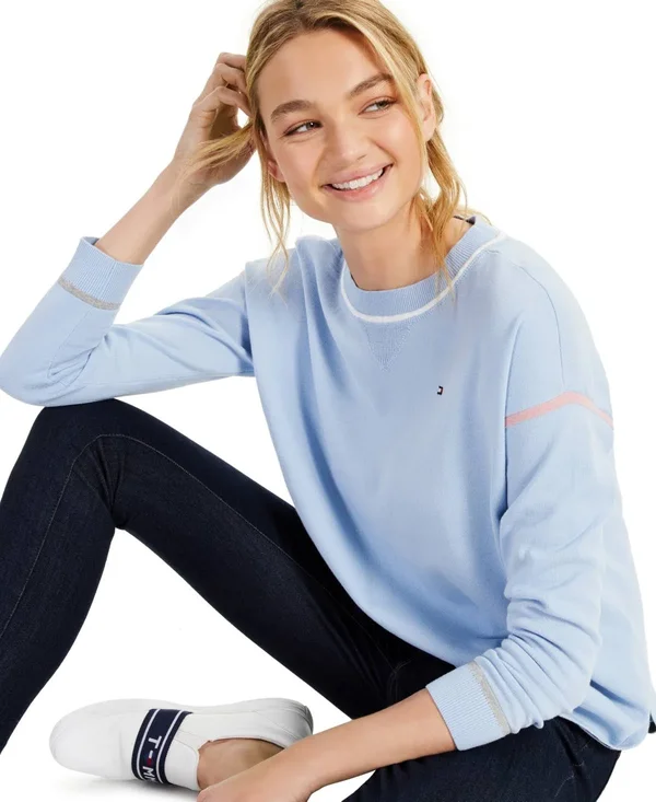 Tommy Hilfiger Cotton Contrast-Trim Sweater - Blue Sky