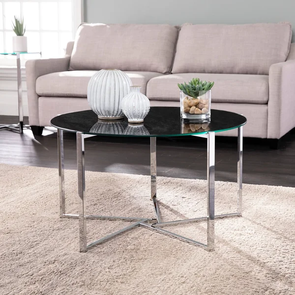 Silver Orchid Davana Round Cocktail Table w/ Faux Marble Glass Top