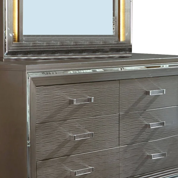 Textured Front 6 Drawer Dresser with Beveled Mirror TRIM, Silver