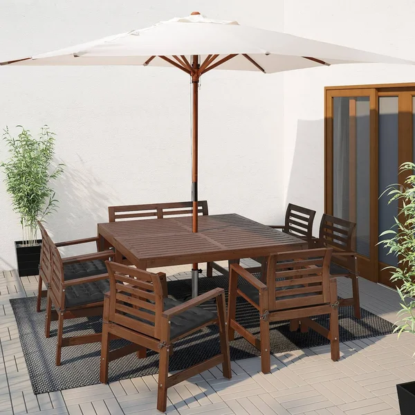 IKEA - 腜PLARÖ Table, 6 armchairs+bench, Outdoor, 腜PLARÖ Brown stained/H錶lö Black