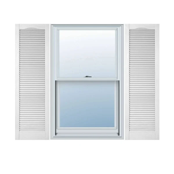 12 inchw x 35 inchh Lifetime Vinyl - Custom Cathedral Top All Louver, Open Louver Shutters, w/Shutter-Loks (Per Pair), Bright Whi