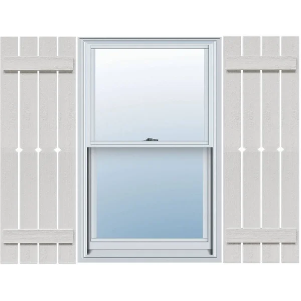 Ekena Millwork FBS06D23X044RUF 23x22W x 44x22H Rustic Four Board Spaced Board-n-Batten Faux Wood Shutters w/Diamond Cut Outs (Pe
