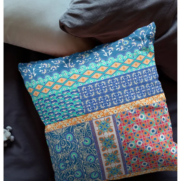 Amrita Sen Flower Castle Patchwork Broadcloth Indoor Outdoor Pillow - Zippered, Blueorange