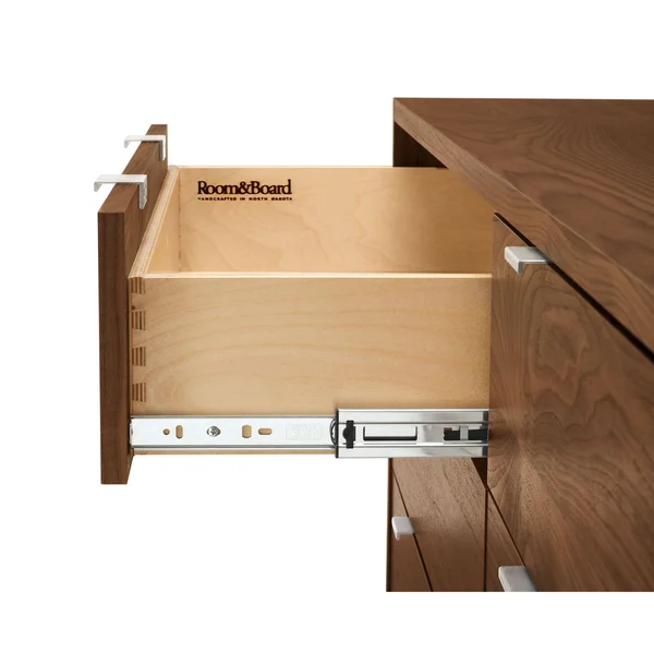 Room & Board, Modern Copenhagen One-Drawer Nightstand Made from Taupe Wood, Black Pulls w/ Natural Steel Base