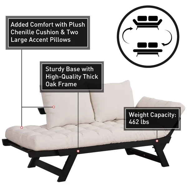 HomCom Black - Cream White Single Person 3-Position Convertible Couch Chaise Lounger Sofa Bed
