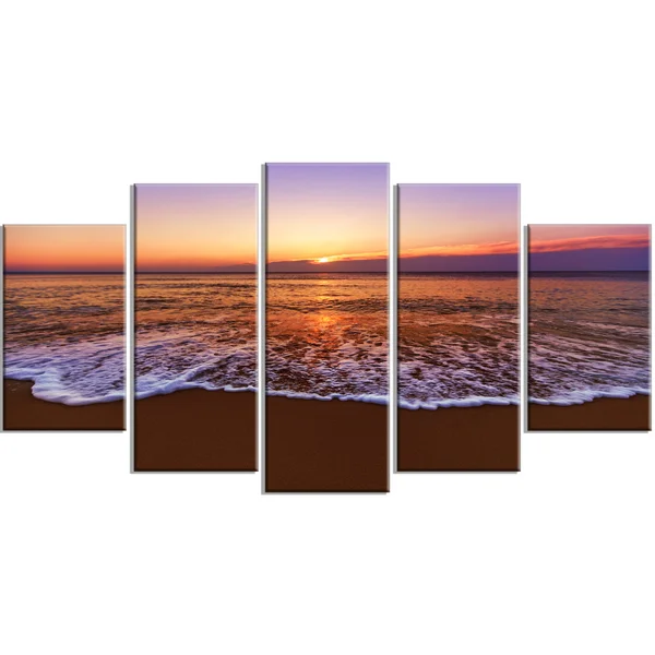 Design Art Orange Tinged Sea Waters at Sunset - Beach Canvas Wall Art - 60 in. Wide x 32 in. High - 5 Panels Diamond Shape