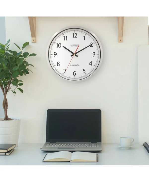 La Crosse Technology 404-1235UA-PL UltrAtomic 14 inch Stainless Steel Wall Clock, Plastic Lens, Silver