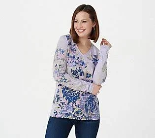 Belle by Kim Gravel TripleLuxe Slub Floralprint V-Neck Knit Top - Size X-Large, Dusty Blue