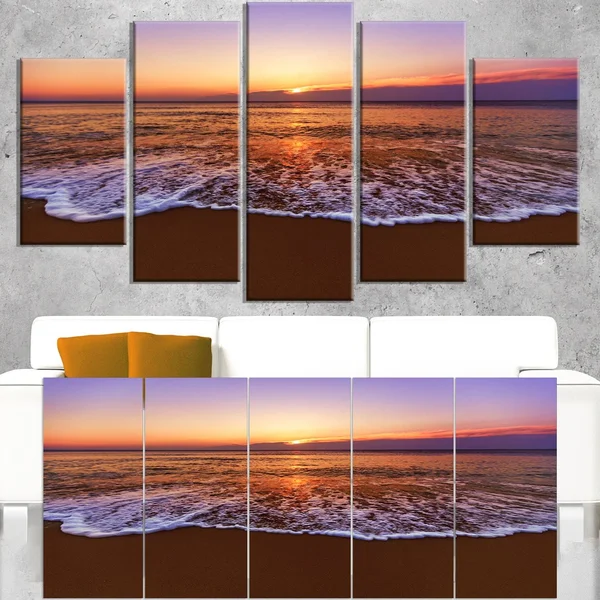 Design Art Orange Tinged Sea Waters at Sunset - Beach Canvas Wall Art - 60 in. Wide x 32 in. High - 5 Panels Diamond Shape