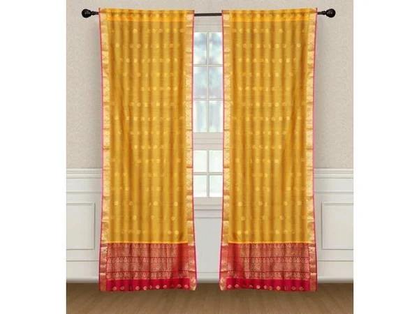 2 Yellow Bohemian Indian Sari Curtains Rod Pocket Living Room -80w x 63L