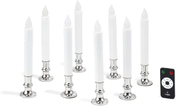 Flameless White LED Taper Candles with Silver Removable Candle Holders Remote Batteries Included Set of 8
