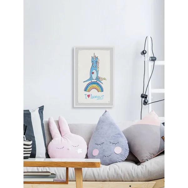 Marmont Hill Playful Rainbow Unicorn Framed Wall Art, Size: 12 inch x 8 inch
