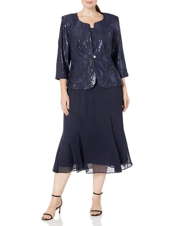 Alex Evenings Plus Size Sequined Chiffon Dress and Jacket - 14W - Navy
