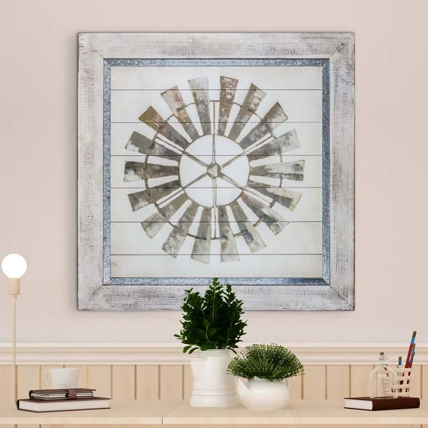 American Art Decor Whitewashed Windmill Print on Planked Wood