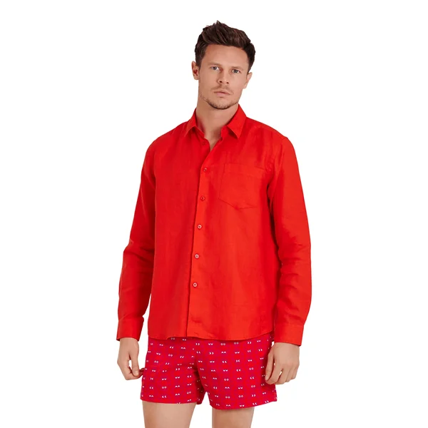 Vilebrequin Men Linen Shirt Solid - Red - Casual Shirts