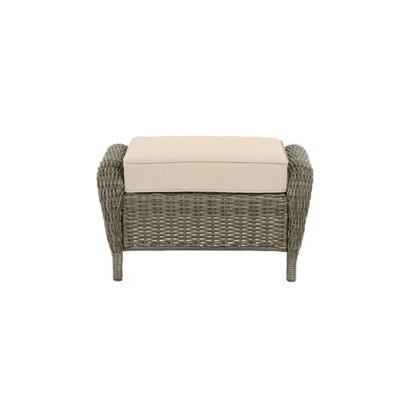 Hampton Bay Cambridge Gray Wicker Outdoor Patio Ottoman with Sunbrella Beige Tan Cushions