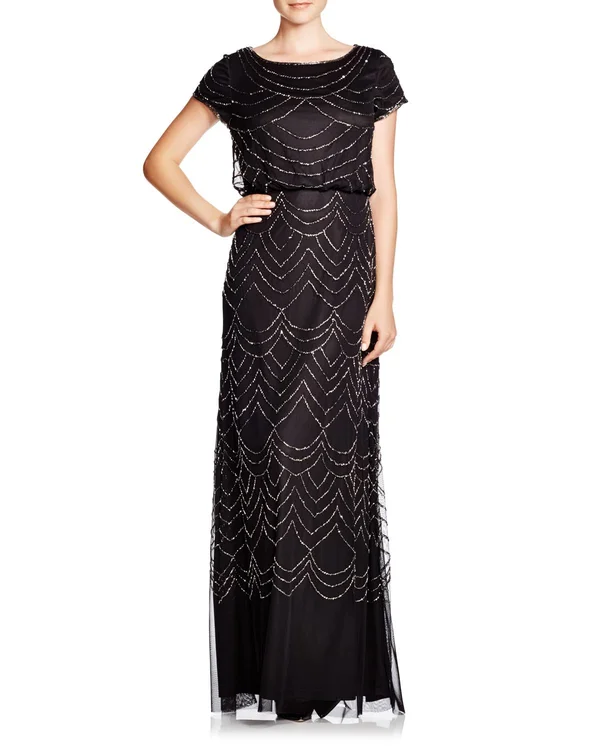 Adrianna Papell Short Sleeve Beaded Blouson Gown - Blush/Gold