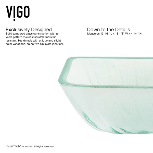 Vigo VGT1800 Rectangular Icicles Glass Vessel Bathroom Sink Set with Linus Vessel Faucet in Brushed Nickel