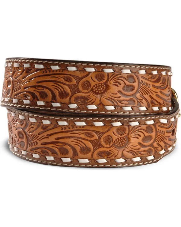 3D Belt Mens Western Buckstitch Floral Leather Brass Natural 3870