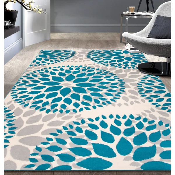 Modern Floral Design Blue Area Rug - 9& x 12&