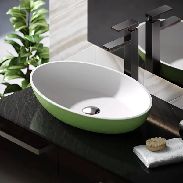 Rene R11-5001-SGE-R9-7003 Stone Composite Oval Vessel Sink with Faucet - Sage, Brushed Nickel