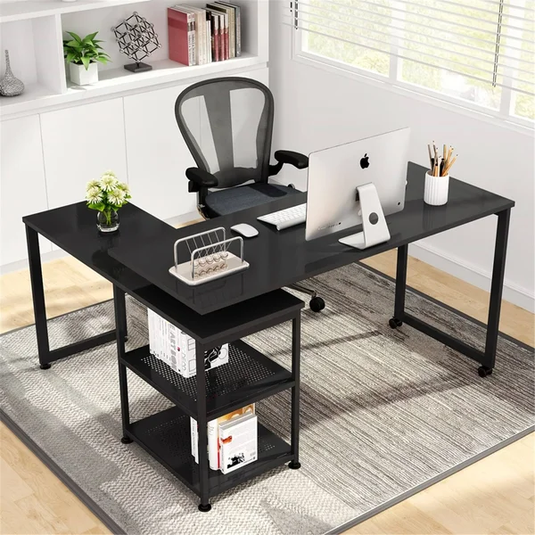 55 inch Corner Computer Desk - Reversible L-Shaped Desk 360癛otating - Black