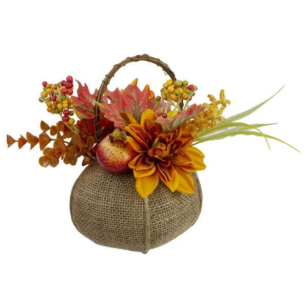 9x22 Autumn Harvest Burlap Pumpkin with Flowers and Fruit Thanksgiving