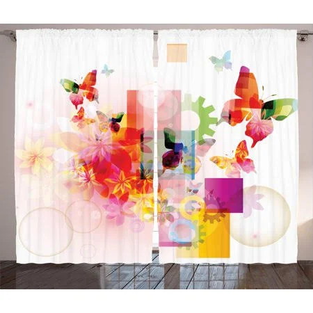 Abstract Curtains 2 Panels Set, Natural Design with Flowers Leaves Squares Rounds Circles Artwork Image Art Print, Window Drapes