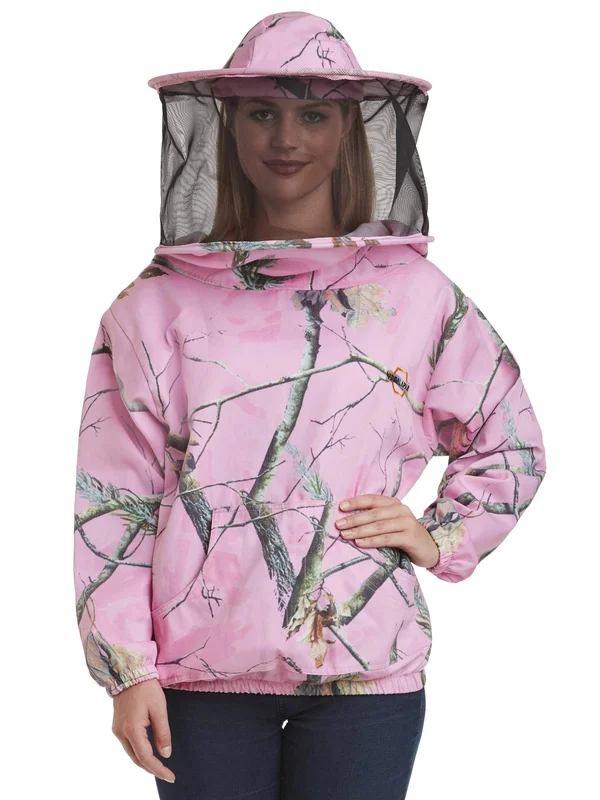 Natural Apiary USA Beekeeping Smock - Polycotton Jacket - Non-Flammable Round or Fencing Veil PinkForest, Round, XL