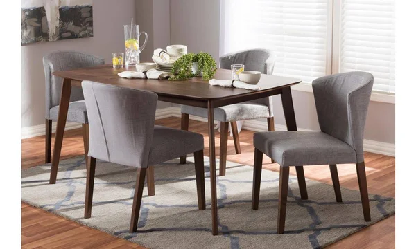 Baxton Studio Cassie Mid-Century Modern Walnut Wood Light Grey Fabric 5-Piece Dining Set