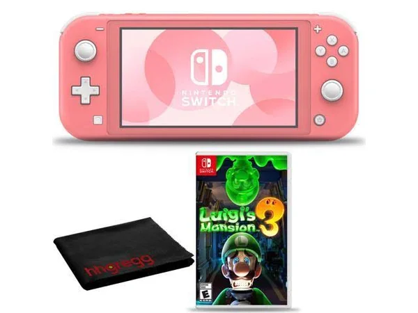Nintendo Switch Lite (Coral) Bundle with Cleaning Cloth and Luigi's Mansion 3