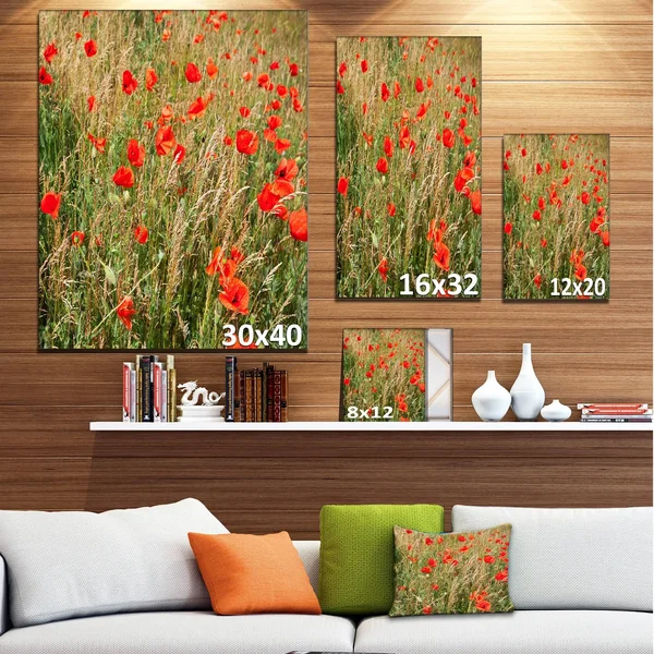 Designart &Red Poppy Field with Full of Flowers& Photographic Print on Wrapped Canvas Size: 40x22 H x 30x22 W x 1x22 D