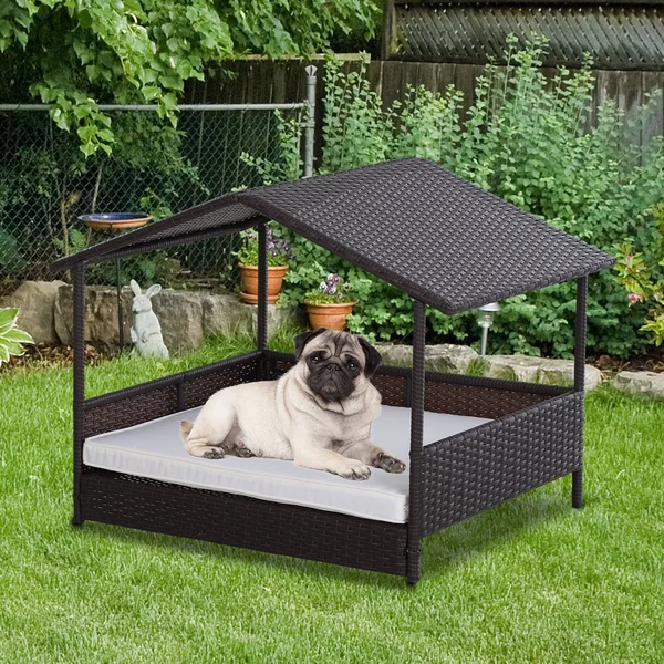 PawHut 4 Sturdy Legs Elevated & Cushioned PE Rattan Dog, Cat House with Comfortable Protective Anti-Slip Sleeping Pad &