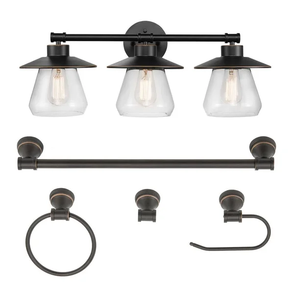 Globe Electric Nate 3-Light Oil Rubbed Bronze Vanity Light with Clear Glass Shades and Bath Set 51496